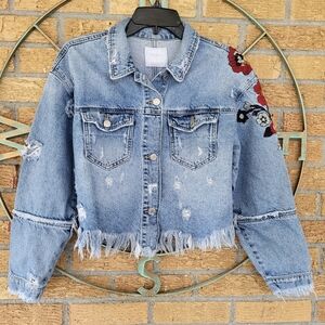 Zara Distressed Embroidered Floral Denim Jacket Women's Size M